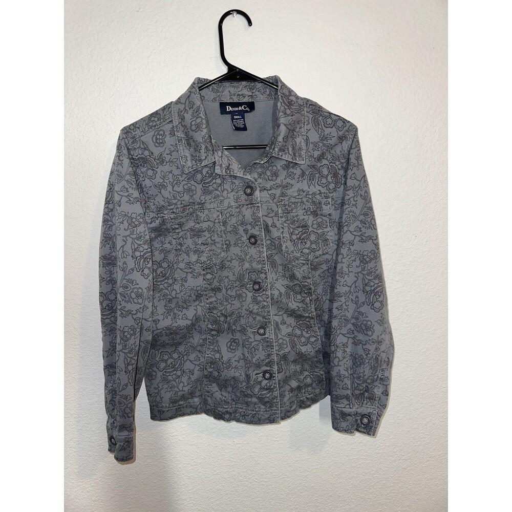 Denim & Co. Women’s Jacket Small Grey Floral Long Sleeve Button Front